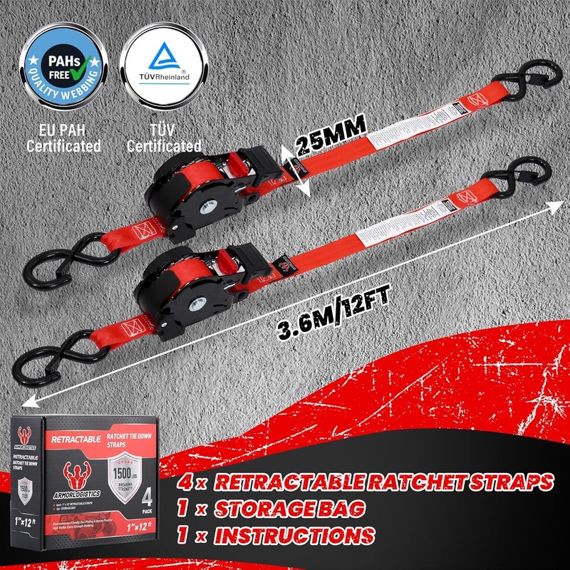 ARMORLOGISTICS Retractable Ratchet Straps 4 Pack, 1 in x 12 FT Auto Ratchet Straps for Motorcycle, Kayak and Trucks, Breaking Strength 1,500LBS/500LBS Working Load Limit Red - Image 4